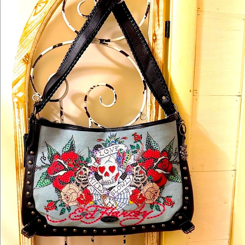 Embroidered Skull and Roses Hobo Bag